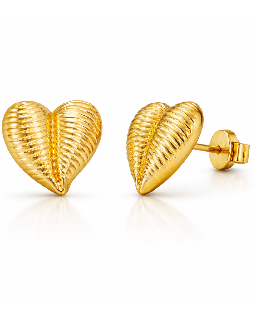 Golden Ribbed Heart Studs
