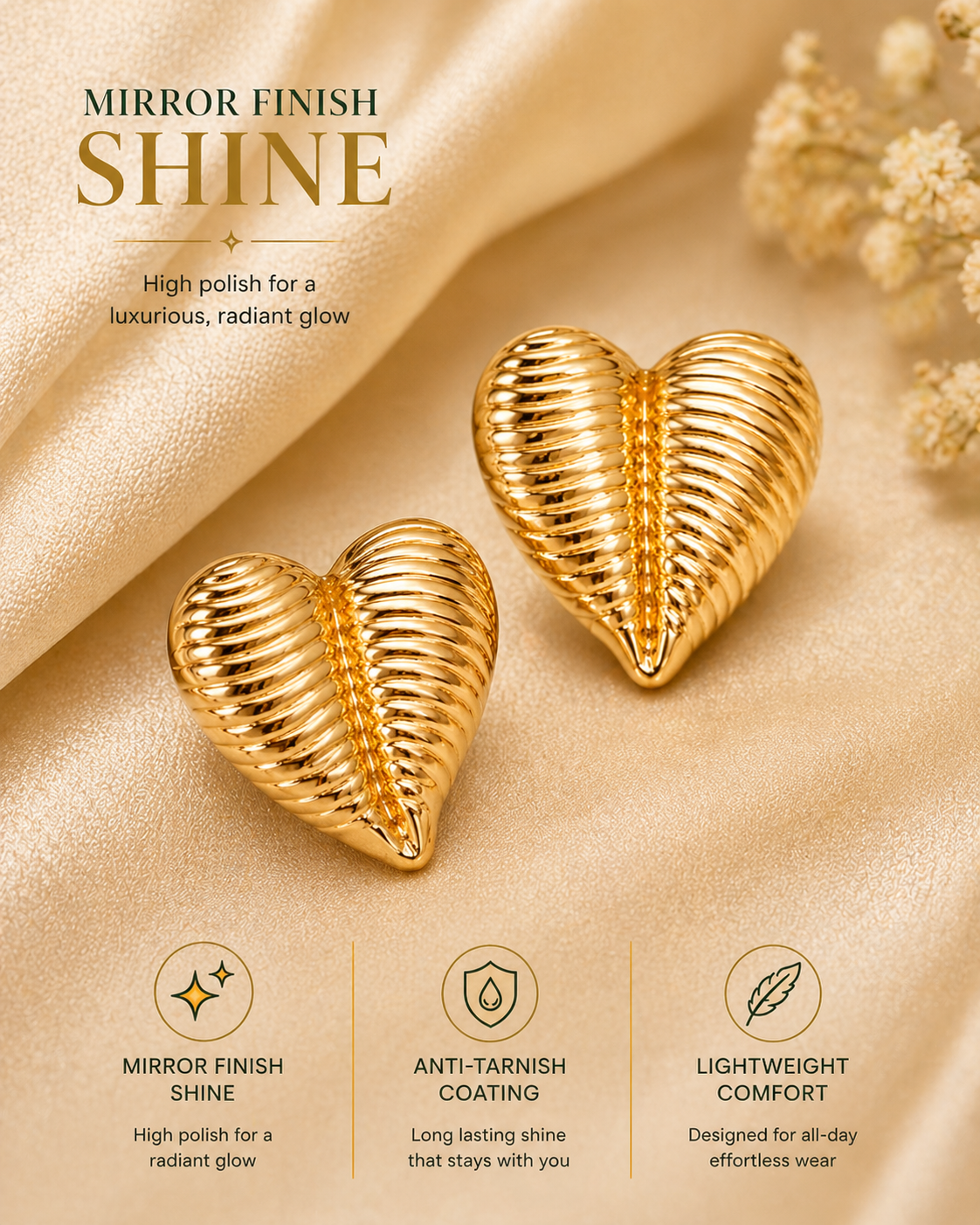 Golden Ribbed Heart Studs