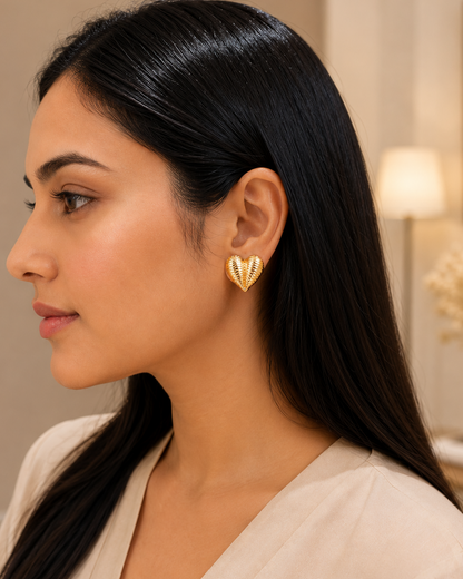 Golden Ribbed Heart Studs