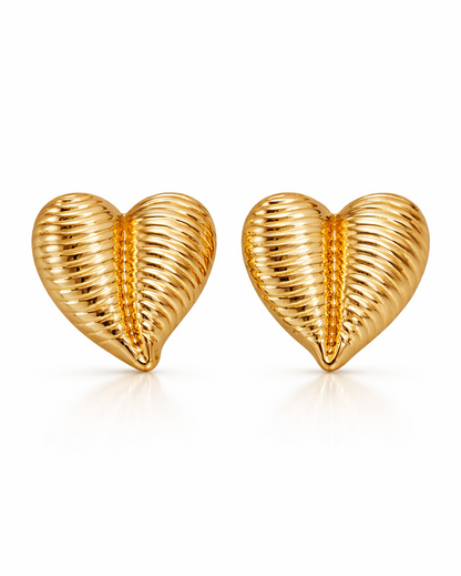 Golden Ribbed Heart Studs
