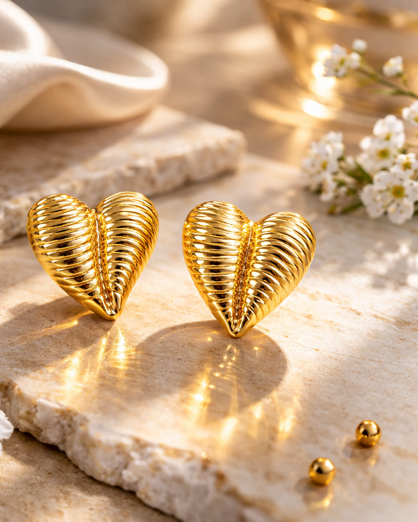 Golden Ribbed Heart Studs