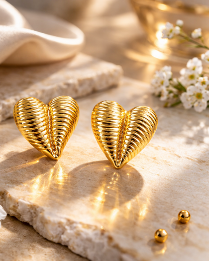 Golden Ribbed Heart Studs
