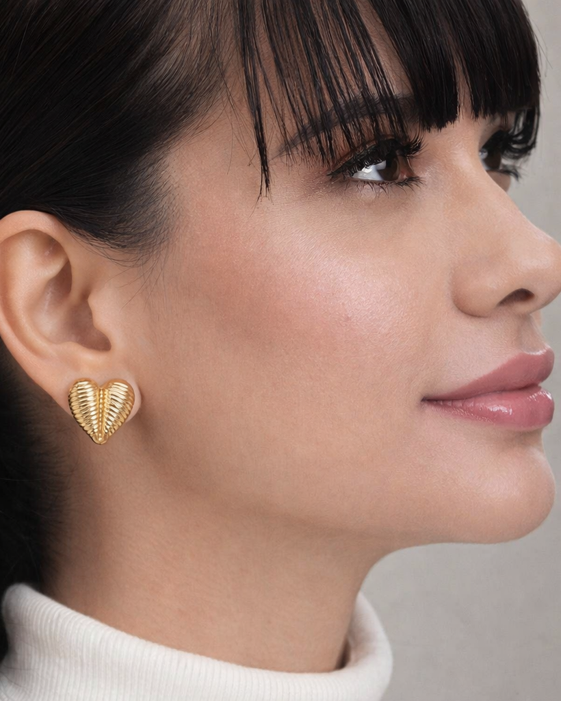 Golden Ribbed Heart Studs